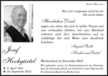 Anzeige von Josef Hochgürtel von Kölner Stadt-Anzeiger / Kölnische Rundschau / Express