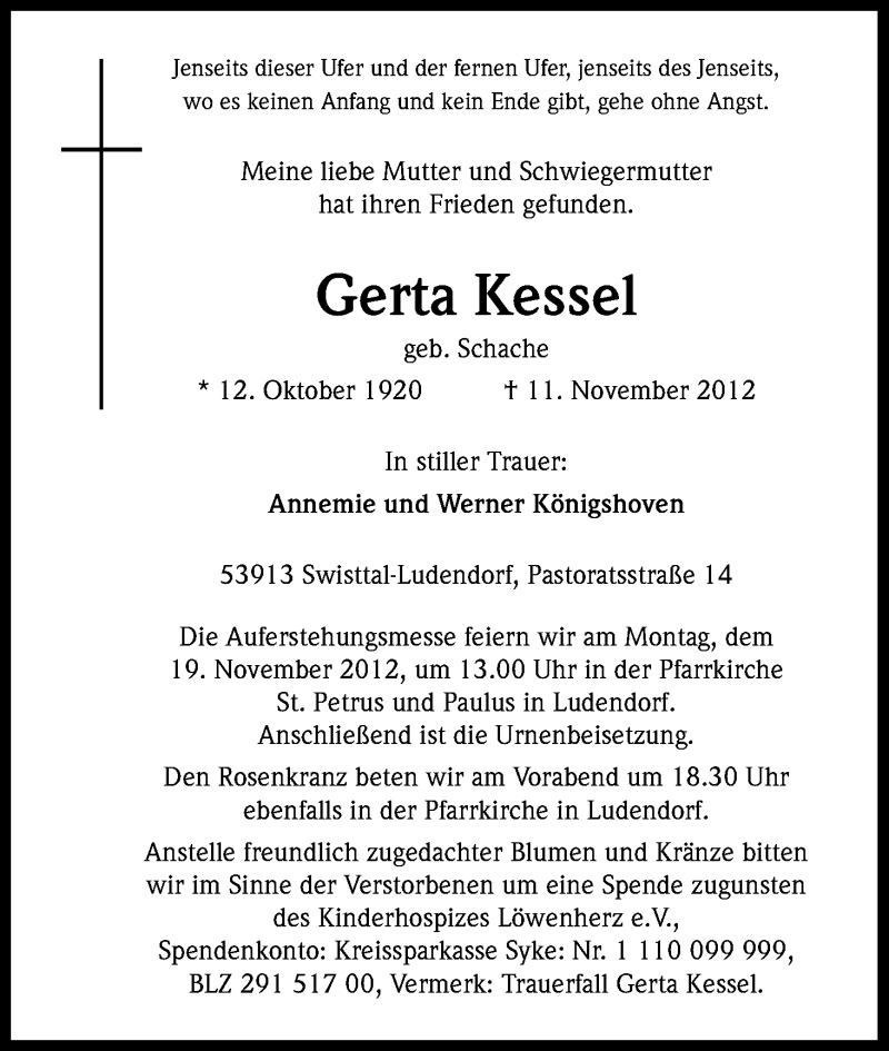  Traueranzeige für Gerta Kessel vom 14.11.2012 aus Kölner Stadt-Anzeiger / Kölnische Rundschau / Express