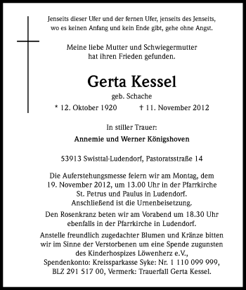 Anzeige von Gerta Kessel von Kölner Stadt-Anzeiger / Kölnische Rundschau / Express