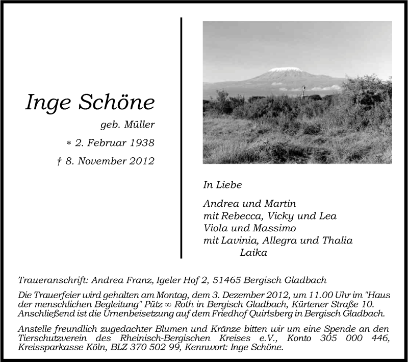  Traueranzeige für Inge Schöne vom 14.11.2012 aus Kölner Stadt-Anzeiger / Kölnische Rundschau / Express