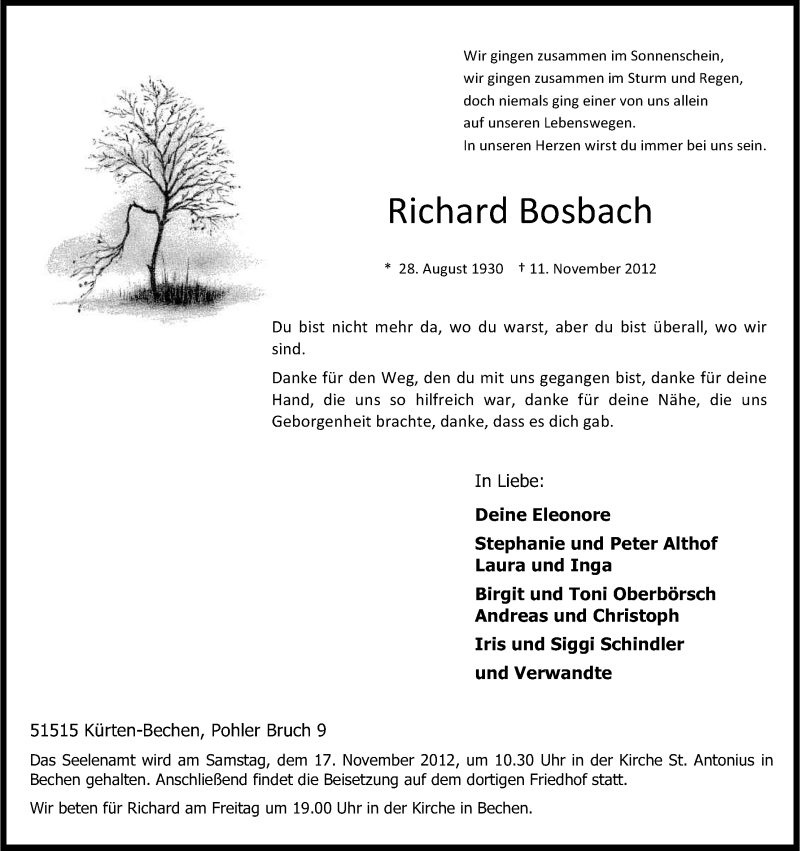  Traueranzeige für Richard Bosbach vom 14.11.2012 aus Kölner Stadt-Anzeiger / Kölnische Rundschau / Express