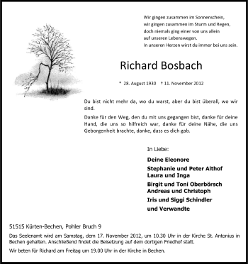 Anzeige von Richard Bosbach von Kölner Stadt-Anzeiger / Kölnische Rundschau / Express