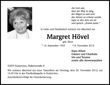 Anzeige von Margret Hövel von Köln - Wir Trauern