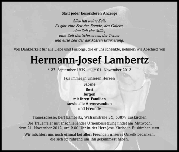 Anzeige von Hermann-Josef Lambertz von Kölner Stadt-Anzeiger / Kölnische Rundschau / Express