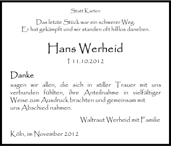 Anzeige von Hans Werheid von Kölner Stadt-Anzeiger / Kölnische Rundschau / Express