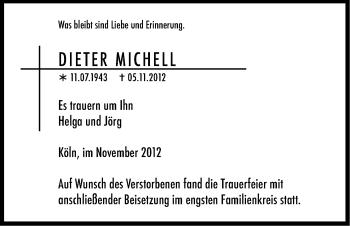 Anzeige von Dieter Michell von Kölner Stadt-Anzeiger / Kölnische Rundschau / Express