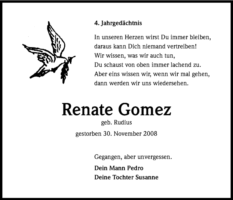  Traueranzeige für Renate Gomez vom 30.11.2012 aus Kölner Stadt-Anzeiger / Kölnische Rundschau / Express