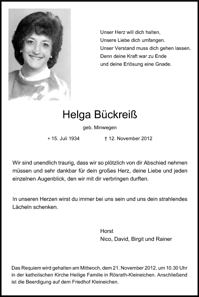 Traueranzeige für Helga Bückreiß vom 17.11.2012 aus Kölner Stadt-Anzeiger / Kölnische Rundschau / Express