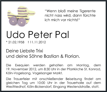 Anzeige von Udo Peter Pal von Kölner Stadt-Anzeiger / Kölnische Rundschau / Express