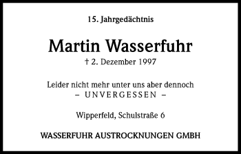 Anzeige von Martin Wasserfuhr von Kölner Stadt-Anzeiger / Kölnische Rundschau / Express