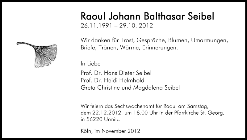  Traueranzeige für Raoul Seibel vom 24.11.2012 aus Kölner Stadt-Anzeiger / Kölnische Rundschau / Express