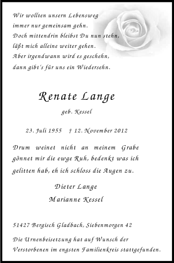 Anzeige von Renate Lange von Kölner Stadt-Anzeiger / Kölnische Rundschau / Express