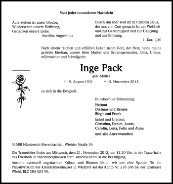 Anzeige von Inge Pack von Kölner Stadt-Anzeiger / Kölnische Rundschau / Express
