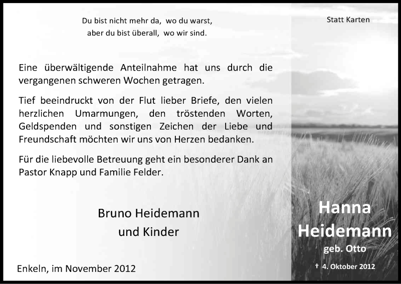  Traueranzeige für Hanna Heidemann vom 17.11.2012 aus Kölner Stadt-Anzeiger / Kölnische Rundschau / Express