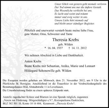 Anzeige von Theresia Krebs von Kölner Stadt-Anzeiger / Kölnische Rundschau / Express