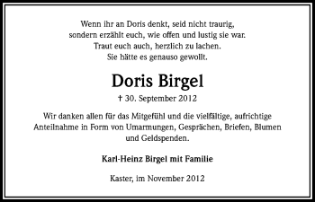Anzeige von Doris Birgel von Kölner Stadt-Anzeiger / Kölnische Rundschau / Express