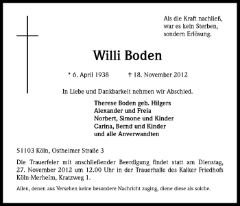Anzeige von Willi Boden von Kölner Stadt-Anzeiger / Kölnische Rundschau / Express