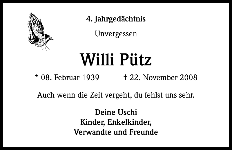  Traueranzeige für Willi Pütz vom 22.11.2012 aus Kölner Stadt-Anzeiger / Kölnische Rundschau / Express