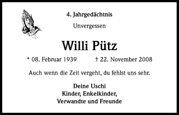 Anzeige von Willi Pütz von Kölner Stadt-Anzeiger / Kölnische Rundschau / Express