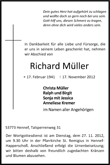 Anzeige von Richard Müller von Kölner Stadt-Anzeiger / Kölnische Rundschau / Express