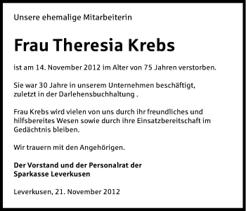 Anzeige von Theresia Krebs von Kölner Stadt-Anzeiger / Kölnische Rundschau / Express