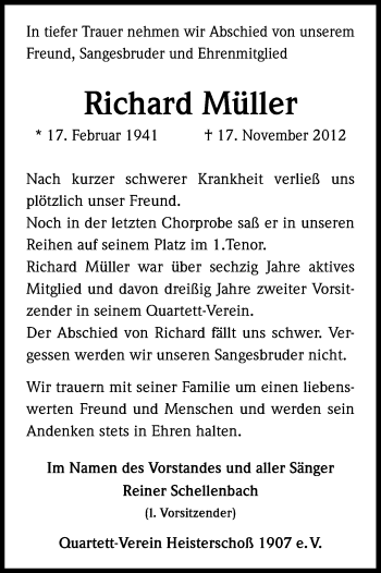Anzeige von Richard Müller von Kölner Stadt-Anzeiger / Kölnische Rundschau / Express