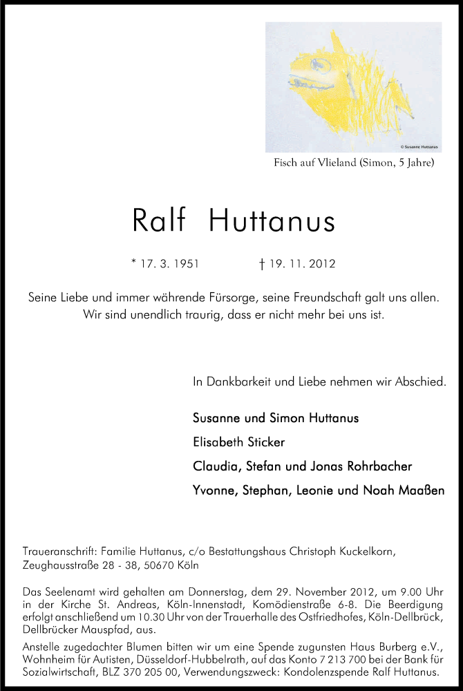  Traueranzeige für Ralf Huttanus vom 26.11.2012 aus Kölner Stadt-Anzeiger / Kölnische Rundschau / Express