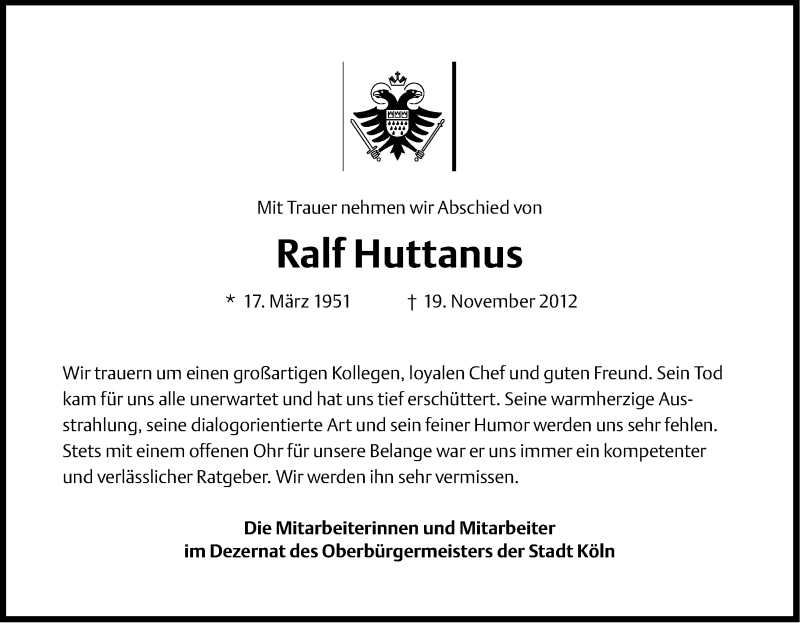  Traueranzeige für Ralf Huttanus vom 26.11.2012 aus Kölner Stadt-Anzeiger / Kölnische Rundschau / Express