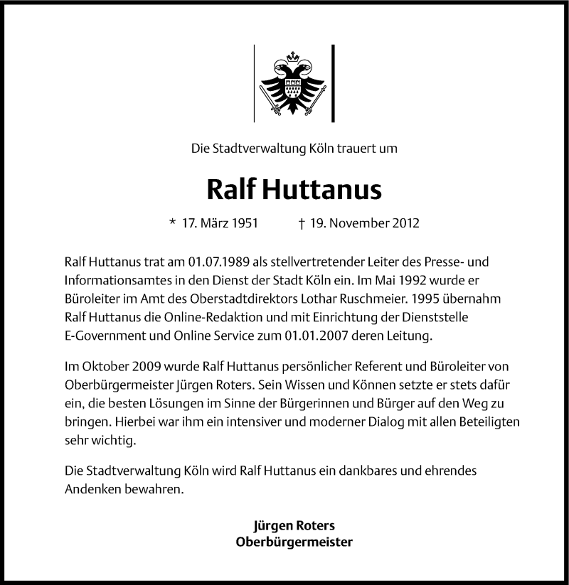  Traueranzeige für Ralf Huttanus vom 26.11.2012 aus Kölner Stadt-Anzeiger / Kölnische Rundschau / Express