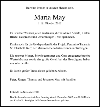 Anzeige von Maria May von Kölner Stadt-Anzeiger / Kölnische Rundschau / Express