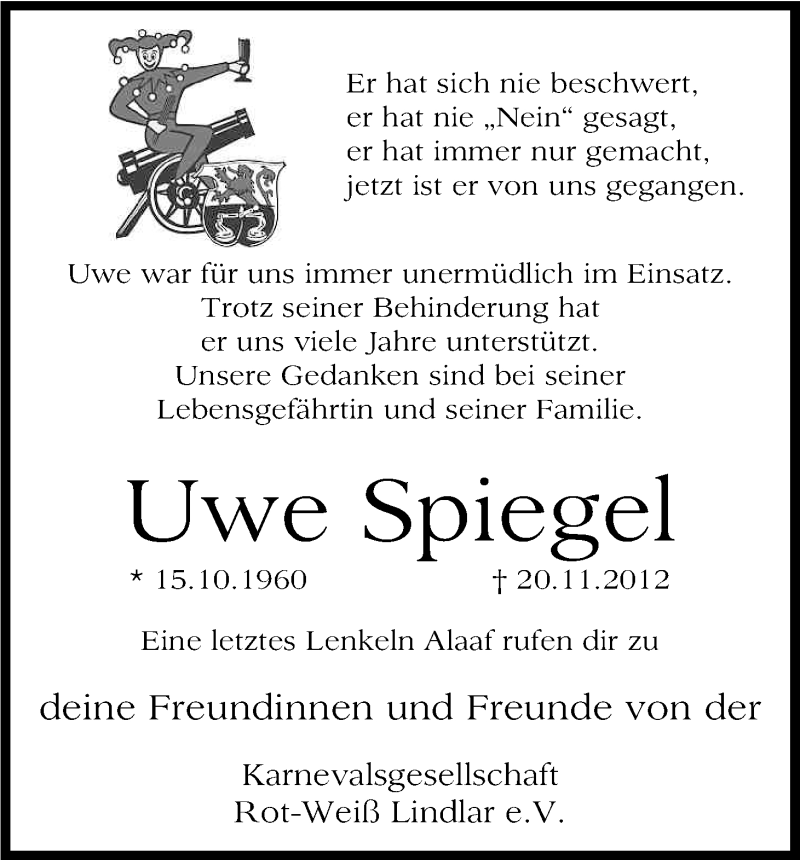  Traueranzeige für Uwe Spiegel vom 24.11.2012 aus Kölner Stadt-Anzeiger / Kölnische Rundschau / Express