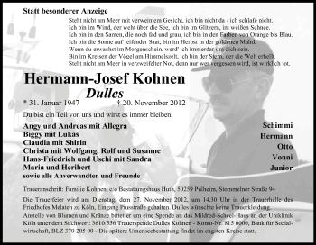Anzeige von Hermann-Josef Kohnen von Kölner Stadt-Anzeiger / Kölnische Rundschau / Express