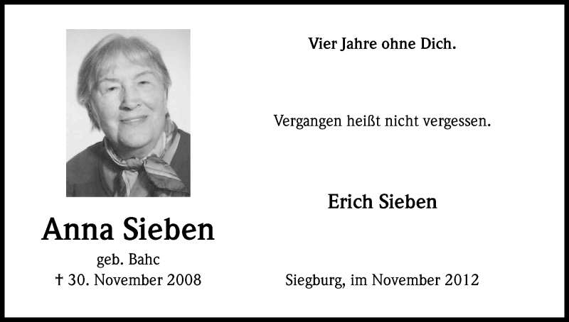  Traueranzeige für Anna Sieben vom 30.11.2012 aus Kölner Stadt-Anzeiger / Kölnische Rundschau / Express