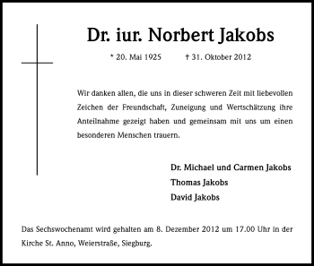 Anzeige von Norbert Jakobs von Kölner Stadt-Anzeiger / Kölnische Rundschau / Express
