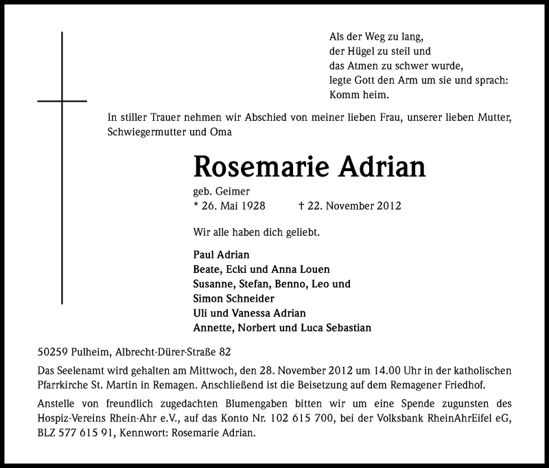  Traueranzeige für Rosemarie Adrian vom 24.11.2012 aus Kölner Stadt-Anzeiger / Kölnische Rundschau / Express