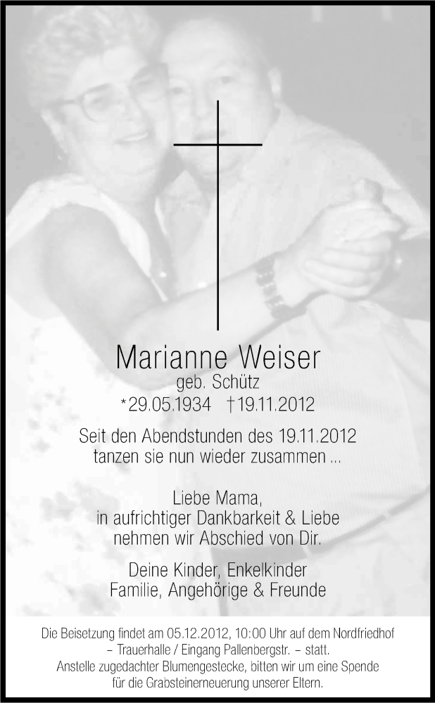  Traueranzeige für Marianne Weiser vom 01.12.2012 aus Kölner Stadt-Anzeiger / Kölnische Rundschau / Express