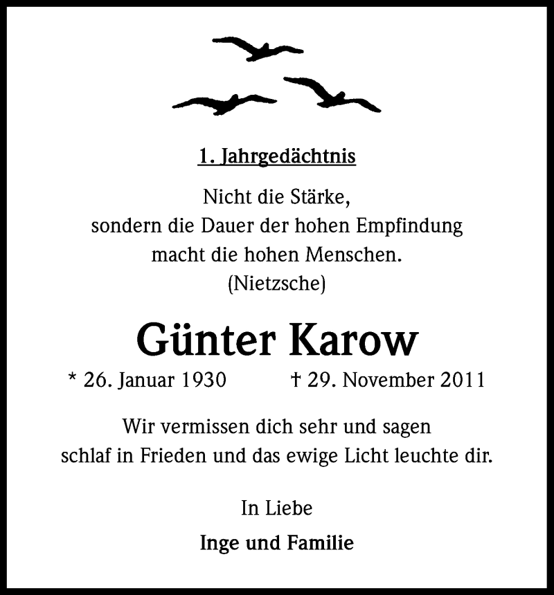  Traueranzeige für Günter Karow vom 29.11.2012 aus Kölner Stadt-Anzeiger / Kölnische Rundschau / Express