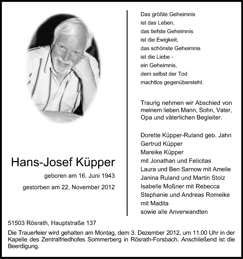  Traueranzeige für Hans-Josef Küpper vom 28.11.2012 aus Kölner Stadt-Anzeiger / Kölnische Rundschau / Express