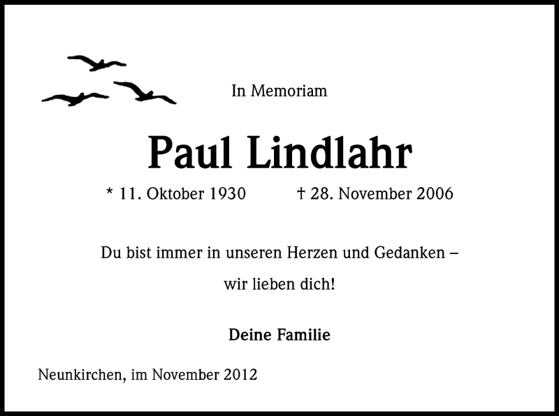  Traueranzeige für Paul Lindlahr vom 28.11.2012 aus Kölner Stadt-Anzeiger / Kölnische Rundschau / Express