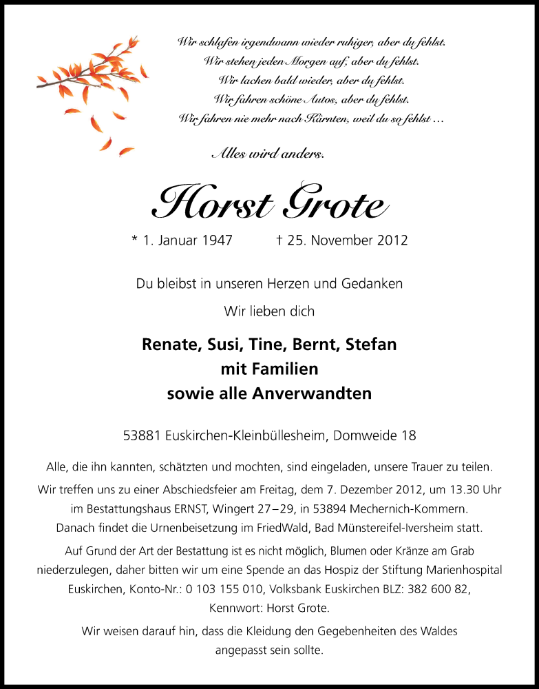  Traueranzeige für Horst Grote vom 28.11.2012 aus Kölner Stadt-Anzeiger / Kölnische Rundschau / Express