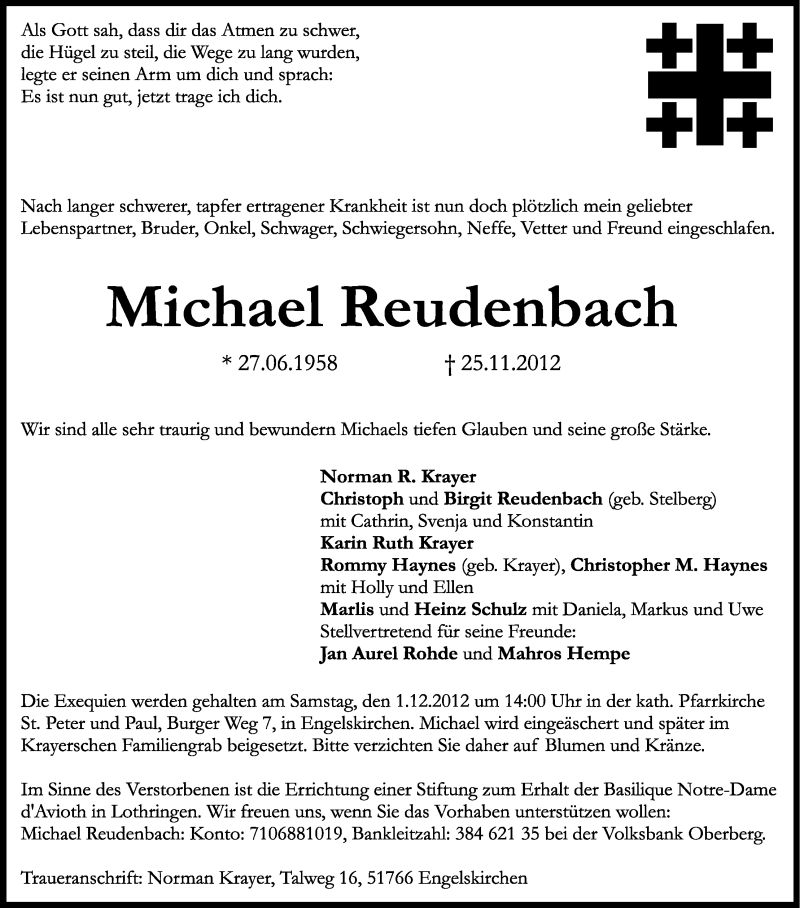  Traueranzeige für Michael Reudenbach vom 28.11.2012 aus Kölner Stadt-Anzeiger / Kölnische Rundschau / Express