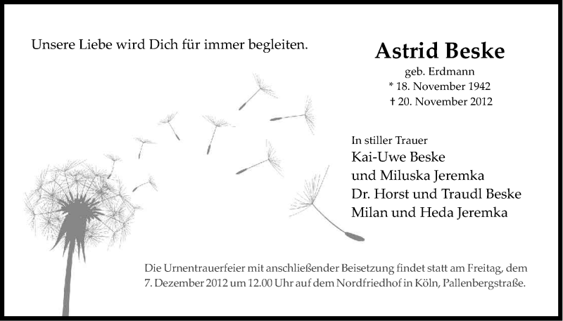  Traueranzeige für Astrid Beske vom 01.12.2012 aus Kölner Stadt-Anzeiger / Kölnische Rundschau / Express