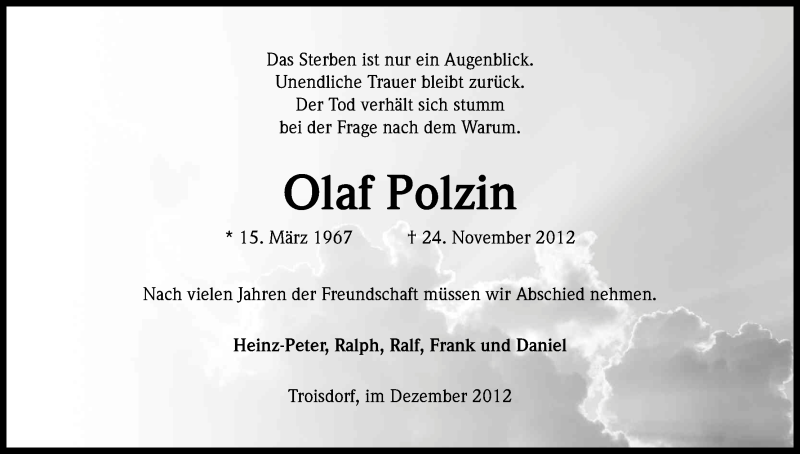  Traueranzeige für Olaf Polzin vom 01.12.2012 aus Kölner Stadt-Anzeiger / Kölnische Rundschau / Express