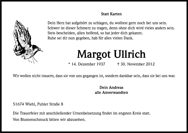  Traueranzeige für Margot Ullrich vom 04.12.2012 aus Kölner Stadt-Anzeiger / Kölnische Rundschau / Express