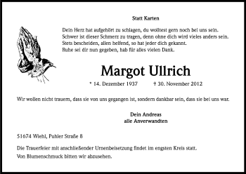 Anzeige von Margot Ullrich von Kölner Stadt-Anzeiger / Kölnische Rundschau / Express