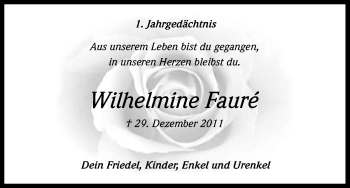Anzeige von Wilhelmine Faure von Kölner Stadt-Anzeiger / Kölnische Rundschau / Express