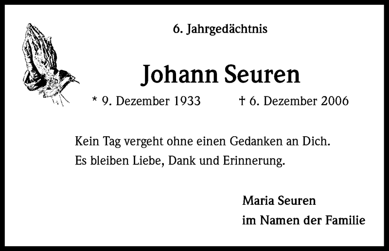  Traueranzeige für Johann Seuren vom 06.12.2012 aus Kölner Stadt-Anzeiger / Kölnische Rundschau / Express