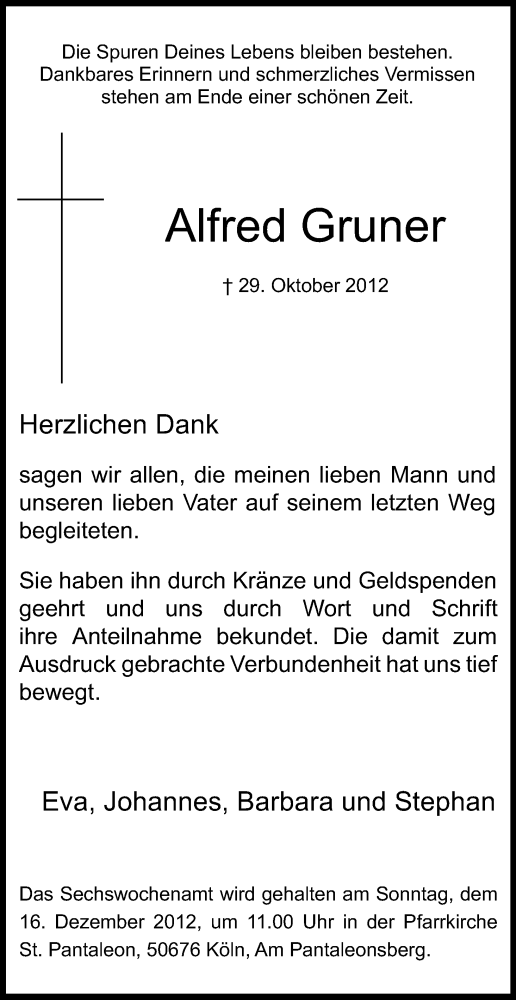  Traueranzeige für Alfred Gruner vom 08.12.2012 aus Kölner Stadt-Anzeiger / Kölnische Rundschau / Express