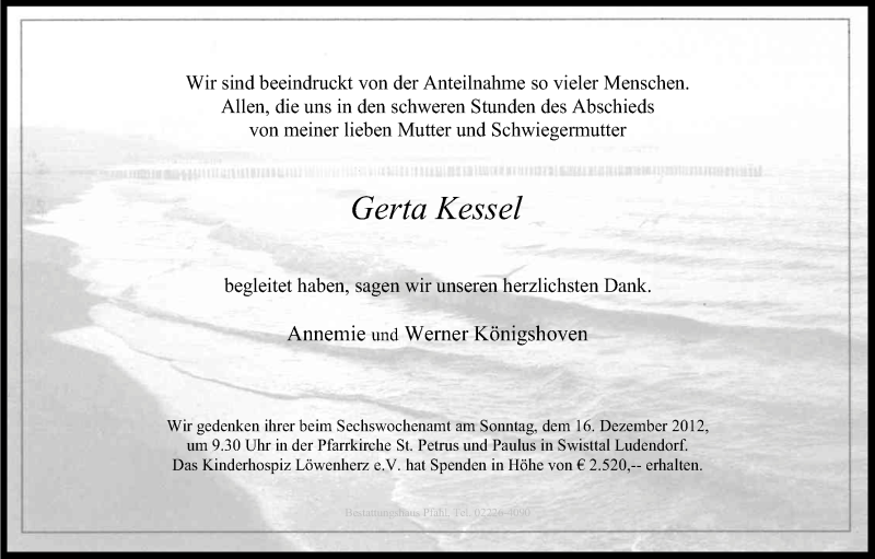  Traueranzeige für Gerta Kessel vom 08.12.2012 aus Kölner Stadt-Anzeiger / Kölnische Rundschau / Express