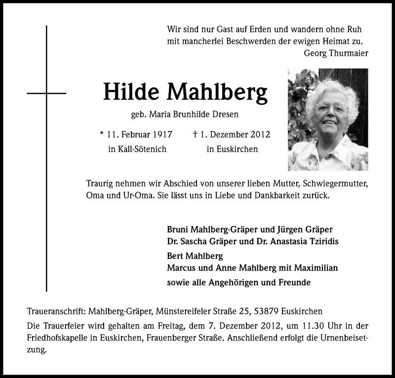  Traueranzeige für Hilde Mahlberg vom 06.12.2012 aus Kölner Stadt-Anzeiger / Kölnische Rundschau / Express